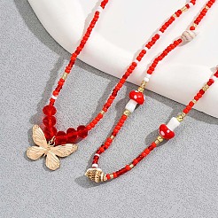 Resin Mushroom & Natural Shell & Glass Seed Beaded Alloy Butterfly Charm Double Layer Stretch Waist Chains for Women&nbsp;FS-WGE52BD-01