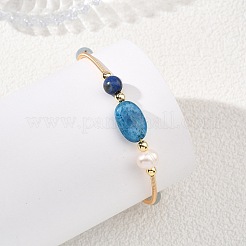 Round & Oval Natural Apatite & Lapis Lazuli & Dyed Quartz & Cultured Freshwater Pearl & Non-magnetic Synthetic Hematite Beaded Bangles&nbsp;BJEW-JB14080-01