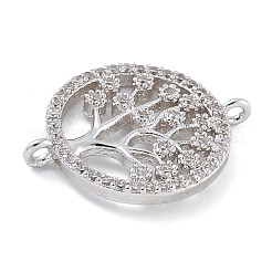 Rack Plating Brass Clear Cubic Zirconia Flat Round with Tree Connector Charms&nbsp;KK-A234-032P