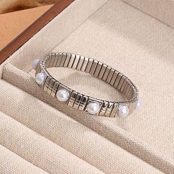 304 Stainless Steel & Plastic Pearl Beads Stretch Bangles for Women&nbsp;WG0AFE3-01