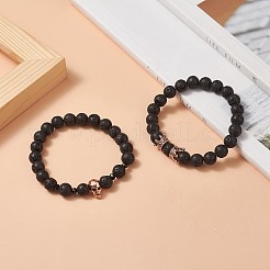 2Pcs 2 Style Natural Lava Rock & Brass Beaded Stretch Bracelets Set&nbsp;BJEW-JB09244-02