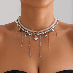 Alloy Pave Clear Cubic Zirconia and Glass Heart Star Moon Tassel 2-Strand Choker Necklaces for Women&nbsp;WGB35B4-01