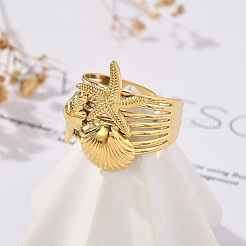 Starfish Shell 304 Stainless Steel Open Cuff Rings&nbsp;RJEW-R014-03G-06