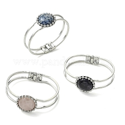 Natural Mixed Stone Flat Round Brass Hinged Cuff Bangles&nbsp;BJEW-JB14317