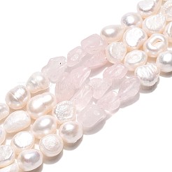 Natural Rose Quartz Nuggets & Natural Cultured Freshwater Pearl Beads Strands&nbsp;PEAR-N023-01A-16