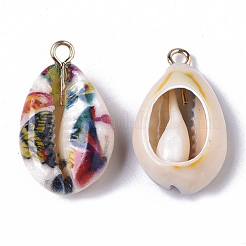 Printed Natural Cowrie Shell Pendants&nbsp;X-SSHEL-R047-02-B01