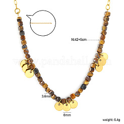Natural Tiger Eye Faceted Cube Beaded 304 Stainless Steel Coin Tassel Necklaces for Women&nbsp;WG40AA0-01