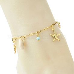 Ocean Natural Cowrie Shell & 304 Stainless Steel Starfish & Dyed Round Natural Howlite Charm Anklets for Women&nbsp;AJEW-AN00819
