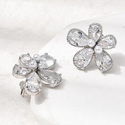 Flower Brass Micro Pave Clear Cubic Zirconia Stud Earrings&nbsp;EJEW-P333-02P