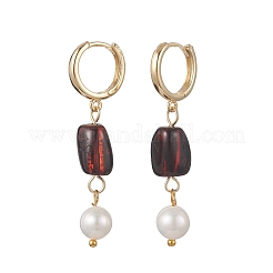 Round Natural Amber & Natural Cultured Freshwater Pearl Hoop Earrings&nbsp;EJEW-JE06998