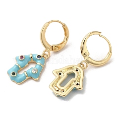 Hamsa Hand Real 18K Gold Plated Brass Dangle Hoop Earrings&nbsp;EJEW-L268-040G-02