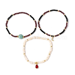 3Pcs Natural Cultured Freshwater Pearl & Black Onyx & Garnet & Amazonite Beads Stretch Bracelets Sets&nbsp;BJEW-JB12365
