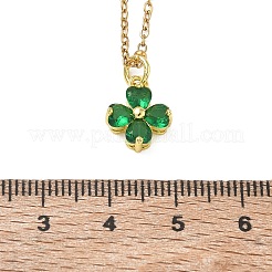 Saint Patrick's Day Brass Pave Cubic Zirconia Green Four-Leaf Clover Pendant 304 Stainless Steel Satellite Chain Necklaces&nbsp;NJEW-JN06677