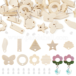 36Pcs 9 Styles Rectangle & Flower & Butterfly & Star Ash Wood Stud Earring Findings&nbsp;EJEW-TA0001-19