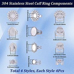 16Pcs 4 Styles Adjustable 304 Stainless Steel Open Cuff Ring Components&nbsp;STAS-SC0020-85