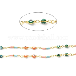 Handmade Brass Enamel Flat Round with Evil Eye Link Chains&nbsp;CHC-M024-23G-02