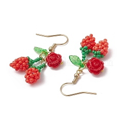 Flower with Cherry 304 Stainless Steel Glass Seed Beads Dangle Earrings&nbsp;EJEW-MZ00419-03