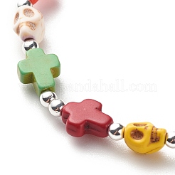 Synthetic Turquoise(Dyed) Cross & Skull Beaded Stretch Bracelet&nbsp;BJEW-JB08451-02