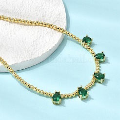 Brass Pave Cubic Zirconia Teardrop Pendant Round Beaded Necklaces&nbsp;NJEW-C121-01G-04