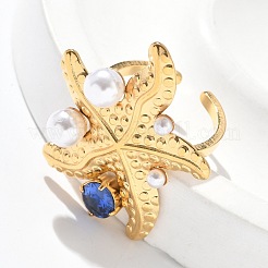 304 Stainless Steel Micro Pave Cubic Zirconia Plastic Pearl Cuff Rings&nbsp;RJEW-D310-02C-G