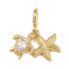 Brass Pave Clear Cubic Zirconia European Dangle Charms, Turtles Starfish Large Hole Pendants, Real 18K Gold Plated, 29mm, Hole: 4.6mm