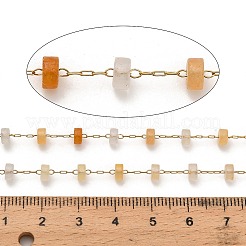 Handmade 304 Stainless Steel Yellow Aventurine Beads Flat Round Link Chains&nbsp;CHS-B011-05G-01