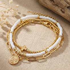3Pcs Glass Beaded & Brass Charm Stackable Bracelet Sets&nbsp;NI4761