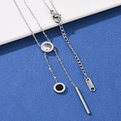 304 Stainless Steel Crystal Rhinestone Flat Round Pendant Y Necklaces&nbsp;NJEW-V001-03P