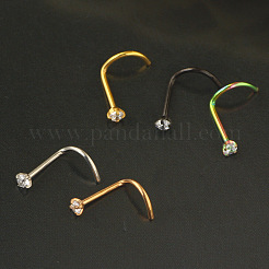 304 Stainless Steel Micro Pave Clear Cubic Zirconia Flat Round Fishtail Nose Rings&nbsp;WG924B3-02