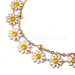 Enamel Daisy Flower Link & Satellite Chains Double Layer Multi-strand Bracelet&nbsp;BJEW-G669-09G