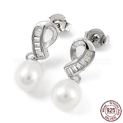 Anti-Tarnish Cubic Zirconia Bowknot with Natural Pearl Dangle Stud Earrings&nbsp;EJEW-F318-15P