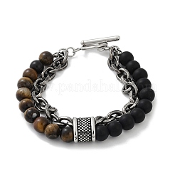 Natural Round Tiger Eye & Frosted Black Bead Bracelets&nbsp;BJEW-M081-01B