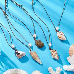 5Pcs 5 Styles Summer Beach Natural Cultured Freshwater Pearl & Natural Shell Pendant Necklaces&nbsp;NJEW-JN05098