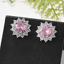 Flower Brass Micro Pave Clear Cubic Zirconia Stud Earrings for Women&nbsp;EJEW-G428-17P