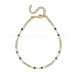 Natural Rainbow Moonstone & Peridot & Moss Agate & Pearl Faceted Round and Potato Natural Pearl Beaded Anklets&nbsp;AJEW-AN00855-01