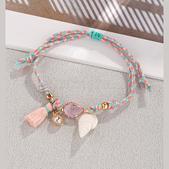 Bohemian Alloy Glass Teardrop and Natural Shell Charm Braided Cotton Cord Anklets for Women&nbsp;FS-WGB863D-01