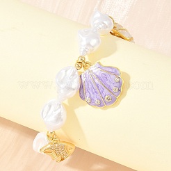 Ocean Brass Micro Pave Clear Cubic Zirconia and Enamel Plum Shell Shape Charm Bracelets for Women&nbsp;KK-CBA68DA-06G