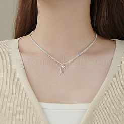 925 Sterling Silver Chip and Natural Aquamarine Round Beaded Bowknot Pendant Necklaces for Women&nbsp;FS-WGA1961-01
