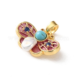 Brass Pave Blue Cubic Zirconia Pearl Pink Butterfly Pendants&nbsp;KK-P320-11A-G