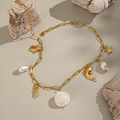 Summer Beach 304 Stainless Steel & Natural Shell Starfish Dolphin Sea Horse Pendant Paperclip Chain Necklaces for Women&nbsp;ZQ6874