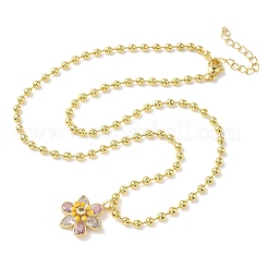 Brass Pave Pink and Clear Cubic Zirconia with Enamel Flower Pendant Ball Chain Necklaces&nbsp;NJEW-G183-04G