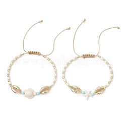 2Pcs 2 Styles Alloy & Natural Howlite & Synthetic Turquoise & Non-magnetic Hematite Braided Bead Brecelets&nbsp;BJEW-JB13786