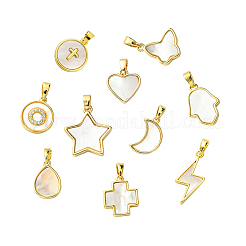 10Pcs 10 Styles Brass Pave Natural White Shell Pendants&nbsp;KK-CJ0002-56