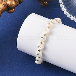 Natural Freshwater Shell Flat Round with Cross Beaded Stretch Bracelets for Women&nbsp;BJEW-JB14238