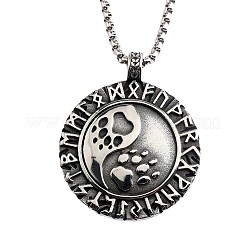Vintage 304 Stainless Steel Viking Flat Round with Paw Print Rune Pendant Necklaces for Men&nbsp;WG9357C-01