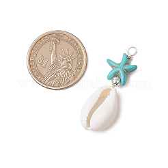 2Pcs 2 Colors Cowrie Shell & Synthetic Turquoise Starfish Pendants&nbsp;PALLOY-JF03407