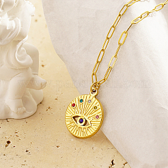 304 Stainless Steel Rhinestone Flat Round with Eye Pendant Necklaces&nbsp;LS9934-1