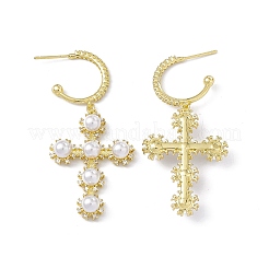 Cubic Zirconia Ring with Cross Dangle Stud Earrings with Plastic Pearl Beaded&nbsp;EJEW-I277-08G