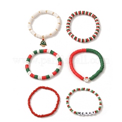 6Pcs Christmas Theme Polymer Clay Heishi Beads & Glass Seed Beaded Stretch Bracelets Set&nbsp;BJEW-TA00539
