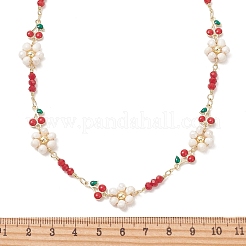 Natural Cultured Freshwater Pearl Beaded Flower and Brass Enamel Cherry Link Chain Necklaces&nbsp;NJEW-JN06292